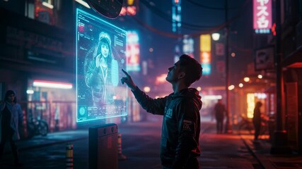Young man interacts with a futuristic holographic screen displaying a woman in a neon-lit city street at night, innovation footage. - Powered by Adobe