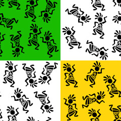 Seamless tribal pattern featuring black dancing figures on a background divided into two white sections, one bright green, and one golden yellow. Ideal for ethnic textiles, cultural themes