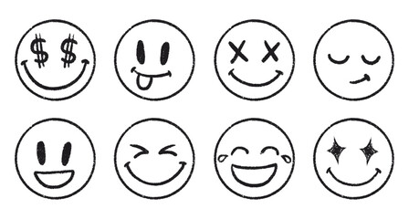 Chalk Style Emoji Set. Hand Drawn Smiley Faces with Cute Doodle Expressions. Happy, Sad and Laughing Vector Icons in Crayon Texture