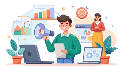 Fototapeta premium A confident man holds a megaphone and a document while presenting data and analytics to a colleague in a modern office