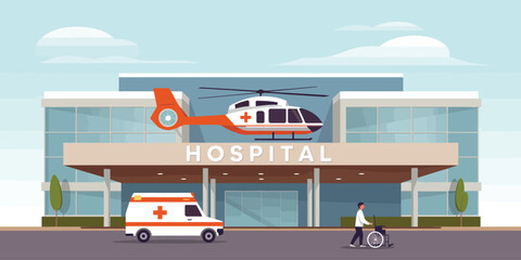 Modern hospital building with helicopter, ambulance, and wheelchair patient illustrating emergency services, care, and medical infrastructure © Zavivec