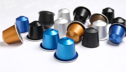 Assorted coffee capsules on a white surface