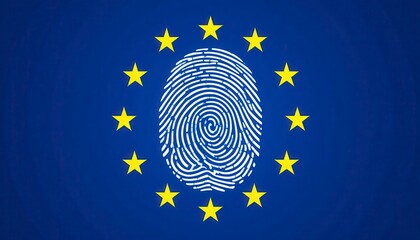 A fingerprint symbol in the center of a blue background surrounded by twelve yellow stars, representing European Union identity and security.