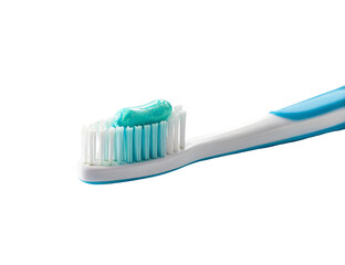 Blue toothbrush with toothpaste on its bristles isolated on a clean white background closeup view