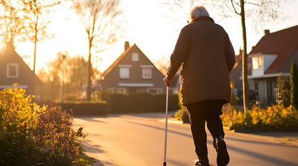 Senior walks with cane at sunset, capturing golden hour light and peaceful suburban scene. Health, mobility, and aging in place themes shine through.