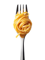 Fork holding a twirl of cooked spaghetti pasta isolated against a black background for contrast