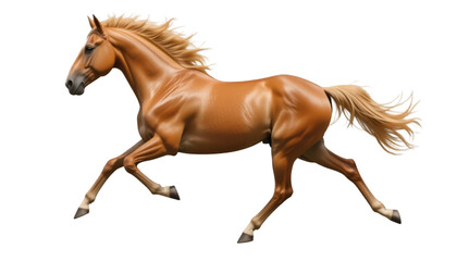 A palomino horse with a flowing mane galloping at full speed on a black isolated background image .