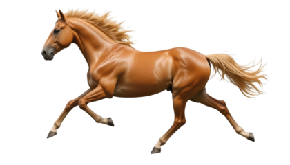 A palomino horse with a flowing mane galloping at full speed on a black isolated background image .