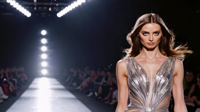 Glamorous fashion show spotlight on runway with model in shimmering silver gown