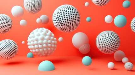 Abstract 3D spheres in various shapes and colors against a coral backdrop