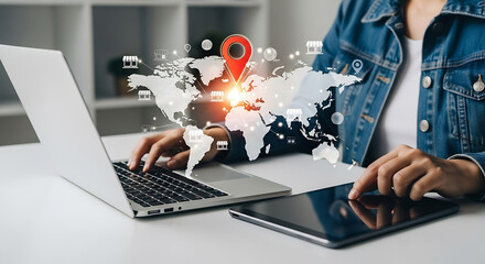 Global Business Expansion: Woman Analyzing World Map on Laptop and Tablet for Franchising, Marketing, and Digital Strategy