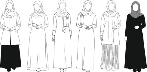 Vector art of a diverse group of women are showcased wearing various muslim dresses and head coverings, isolated on white background