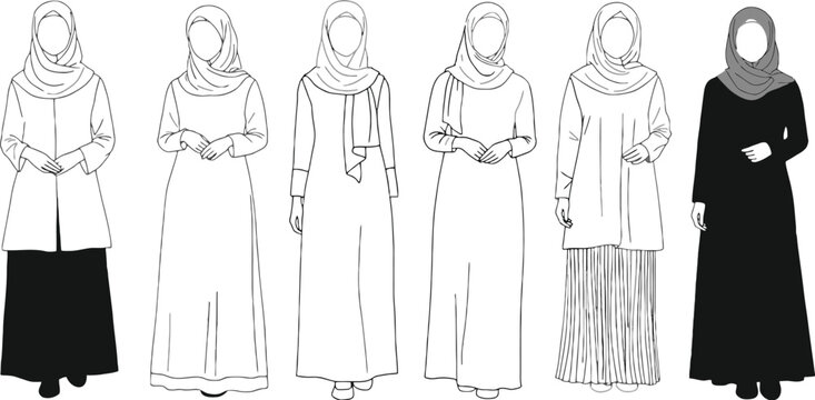 Vector art of a diverse group of women are showcased wearing various muslim dresses and head coverings, isolated on white background