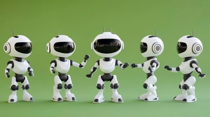Five cute white robots in various poses against a green background.