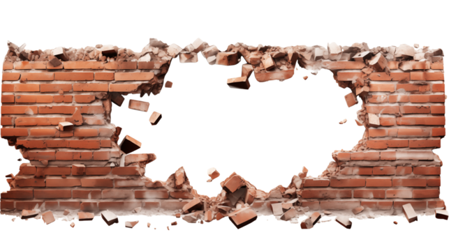 A weathered brick wall with a large hole revealing a dark void in the center of the structure