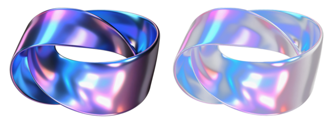 Two holographic flowing abstract rings – shiny vs. clear version. Sculptural 3D elements in metallic purple and aqua gradient, with futuristic visual appeal.
