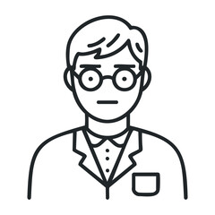 Male scientist icon outline illustration with glasses and lab coat. Vector illustration