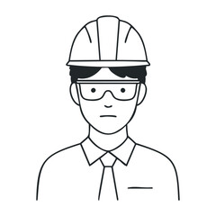 Male engineer line art with hard hat and glasses, wearing tie and shirt. Vector illustration