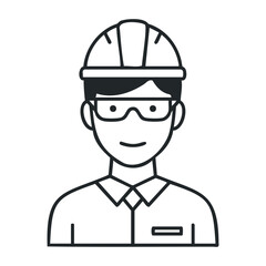 Icon of male engineer with glasses and hard hat | black and white line art illustration. Vector illustration