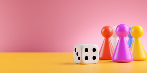 Board game pieces on a yellow surface against a pink background, with a single die in the frame