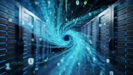 Abstract digital vortex within server racks - Powered by Adobe