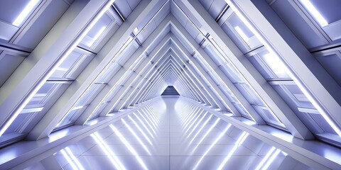 A long brightly lit futuristic tunnel with triangular architectural elements and glowing blue and white lights