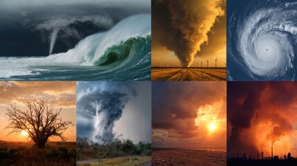 A collage features dramatic natural events including tornadoes, hurricanes, crashing waves, and vibrant sunsets. These scenes highlight the power and beauty of nature in different settings.