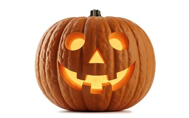 A carved pumpkin jackolantern with a glowing face isolated on white background