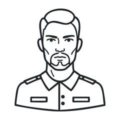 Obraz premium Line art portrait of a young caucasian male with beard in military uniform. Vector illustration