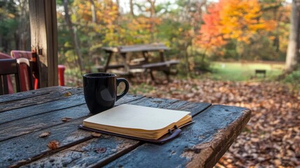 Fototapeta premium Blank notebook and coffee mug on rustic wooden table outdoors in autumn.