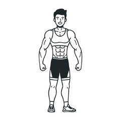 Fototapeta premium Muscular male fitness cartoon with strong caucasian adult in athletic wear. Vector illustration