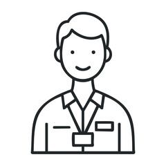 Smiling male outline icon with badge and shirt. Vector illustration