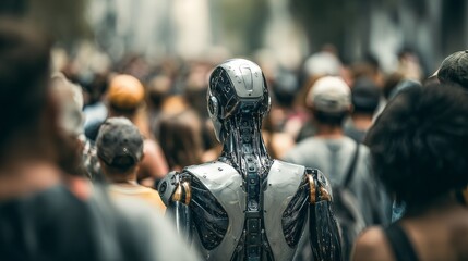 Futuristic robot among diverse urban crowd in city street