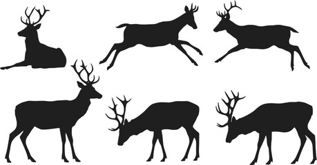 Fototapeta premium Vector art of silhouettes of deer in various poses isolated on white background