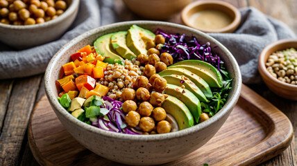A vibrant bowl of vegan Buddha bowl with quinoa, roasted chickpeas, avocado slices, colorful veggies, and tahini dressing, captured in natural window light on a rustic wooden table.