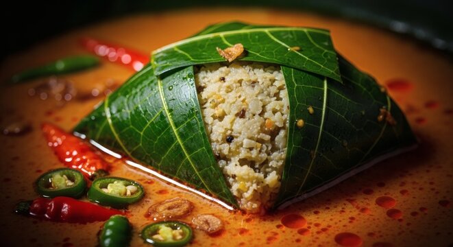 Traditional Indonesian Buntil - Grated Coconut Wrapped in Papaya Leaves with Spicy Coconut Sauce, Close-Up Moody Food Photography with Detailed Leaf Texture