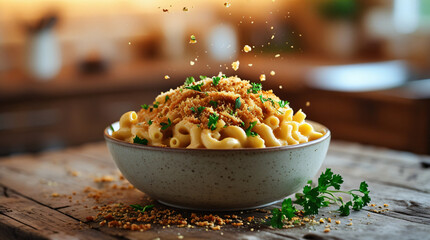 A comforting bowl of creamy vegan mac and cheese topped with crispy breadcrumbs and chopped herbs,
