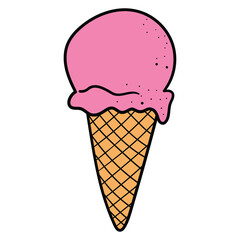 Hand drawn cartoon ice cream in a waffle cone on a white background.