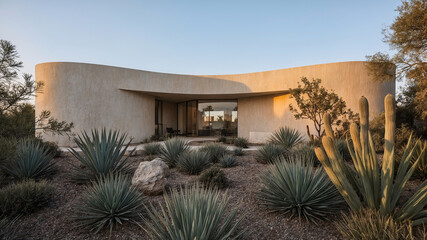 Modern desert architecture residence exterior showcasing contemporary design and landscaping with agave and cactus plants