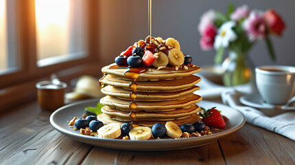 A stack of fluffy vegan pancakes topped with maple syrup, fresh berries, banana slices, and a sprinkle of nuts, captured in morning light with a cozy breakfast setup