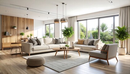 Fototapeta premium Modern, bright living room with wooden accents and natural light