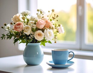 Bouquet of flowers with coffee cup