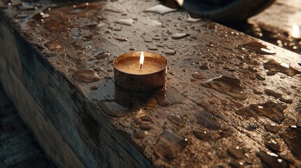 Small candle on weathered wooden surface with water droplets