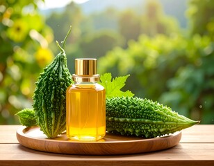 Bottle of healthy oil with fresh vegetables