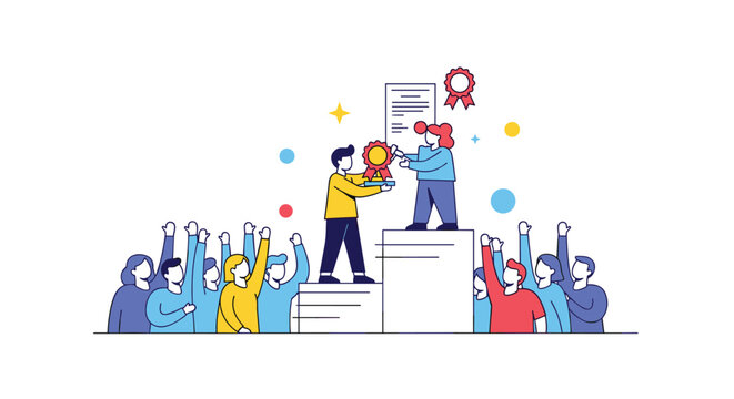 Recognizing achievement and excellence through awards and accolades presented to celebrated individuals on a podium before an admiring audience celebrating success - Powered by Adobe