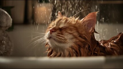  Ginger cat enjoying a refreshing bath, water droplets cascading down its fur, with a serene expression, capturing the essence of relaxation and joy in a cozy indoor setting

