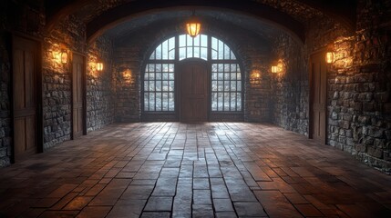 Stone Hallway with Arch & Windows