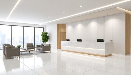 Modern, bright office lobby with reception desk