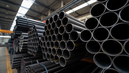 industrial black steel pipes neatly stacked in large bundles inside a spacious, well-lit warehouse