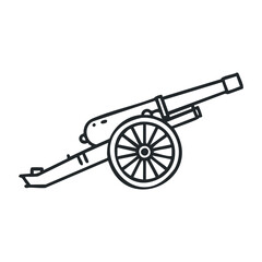 Fototapeta premium Vintage cannon outline drawing with wheels and long barrel. Vector illustration